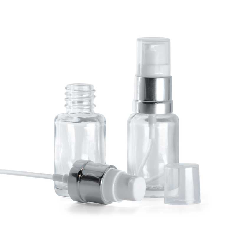 Contenitore in vetro, flacone, trasparente, rotondo, dosatore bianco argento lucido, 12 ml