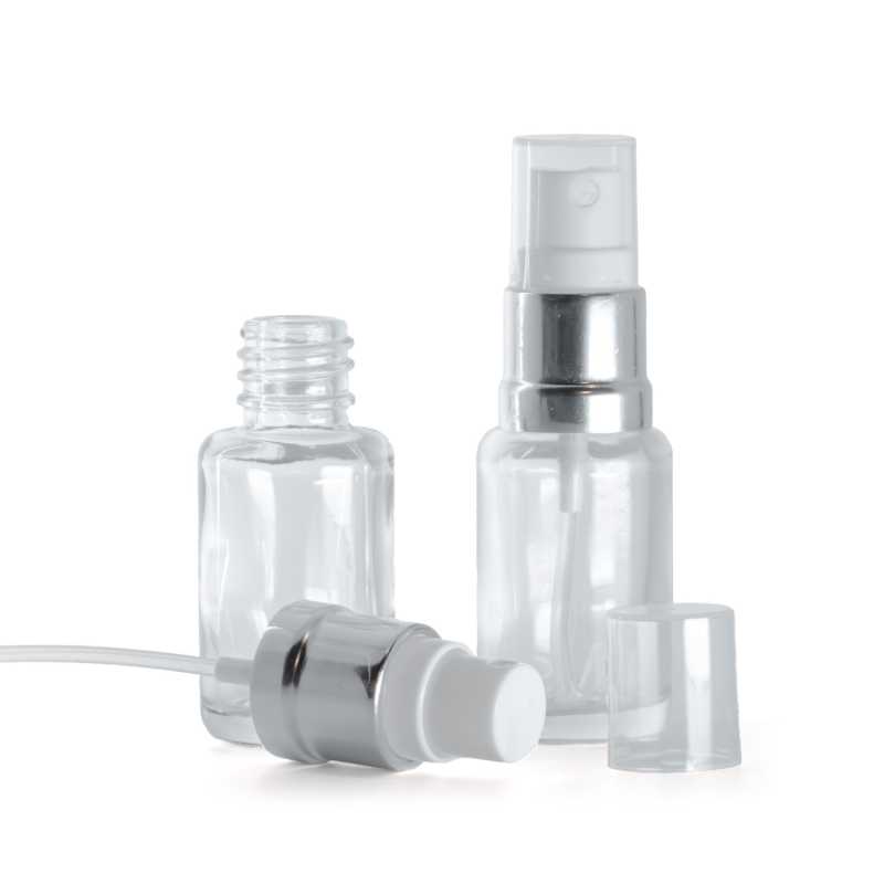 Bottiglia in vetro, rotonda, trasparente, spruzzatore bianco argento, 12 ml