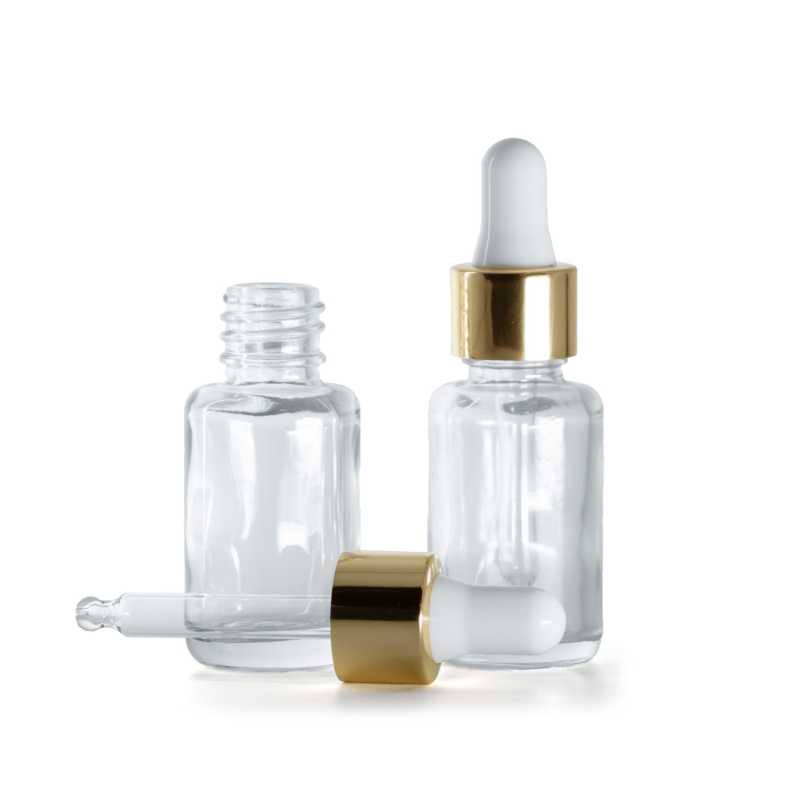 Bottiglia in vetro, tonda, trasparente, contagocce bianco oro, 12 ml