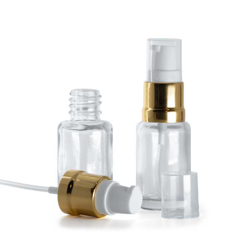 Bottiglia in vetro, trasparente, rotonda, dosatore bianco dorato lucido, 12 ml
