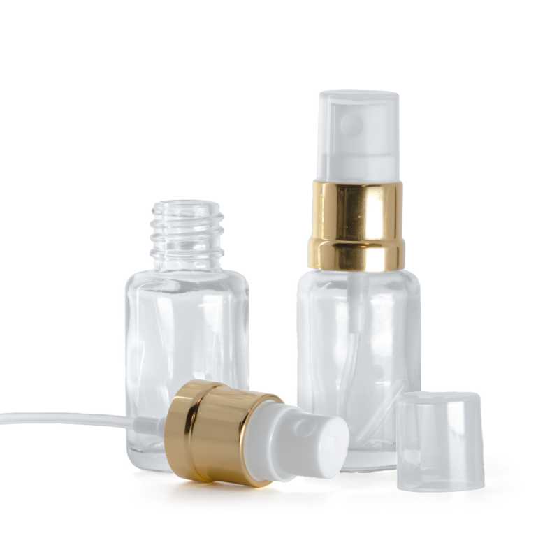 Bottiglia in vetro, rotonda, trasparente, spruzzatore bianco e oro, 12 ml