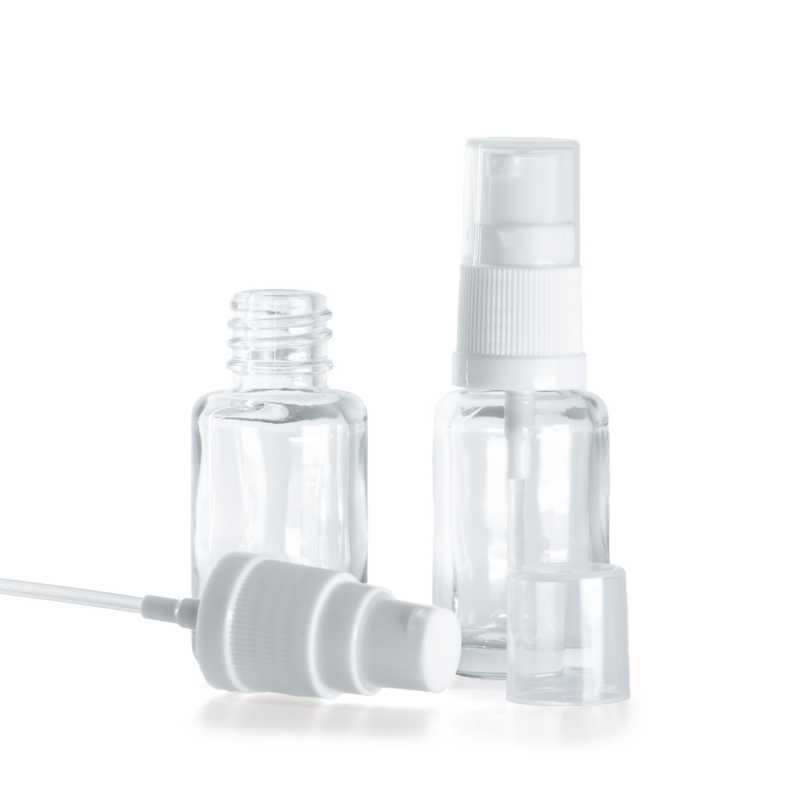 Bottiglia in vetro, rotonda, trasparente, dosatore bianco, 12 ml