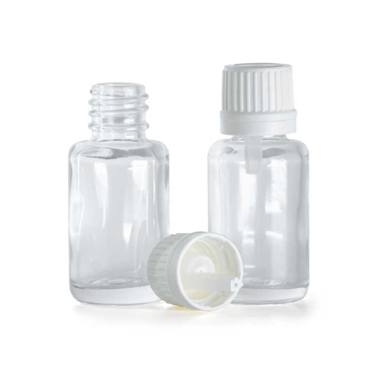 Flaconcino di vetro trasparente, rotondo, tappo bianco con contagocce interno, 12 ml