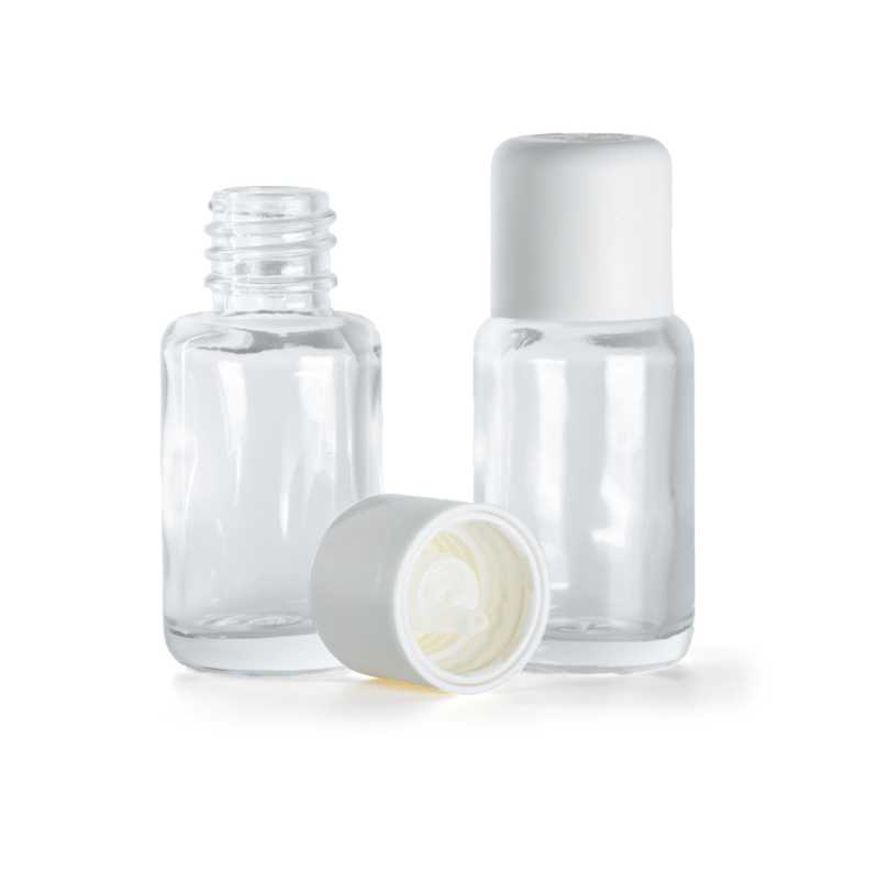 Bottiglia in vetro, tonda, trasparente, tappo di sicurezza bianco con contagocce, 12 ml