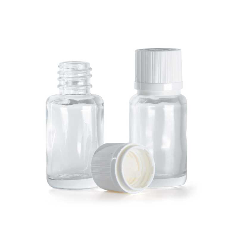Flacone in vetro, tondo, trasparente, tappo di sicurezza antimanomissione bianco con contagocce, 12 ml