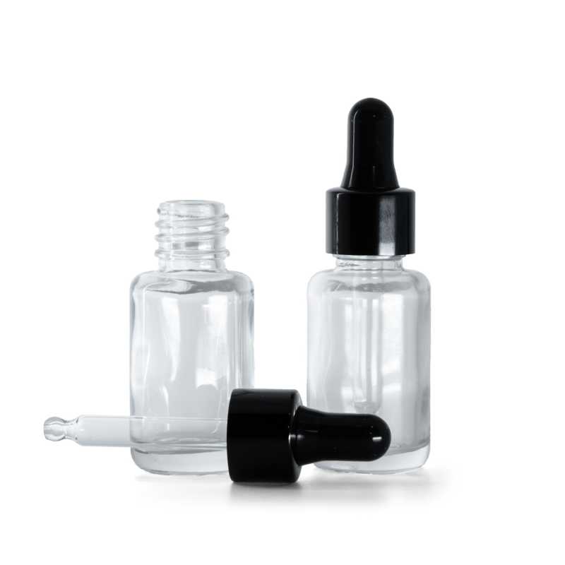 Flacone in vetro, contagocce nero lucido, trasparente, tondo, 12 ml