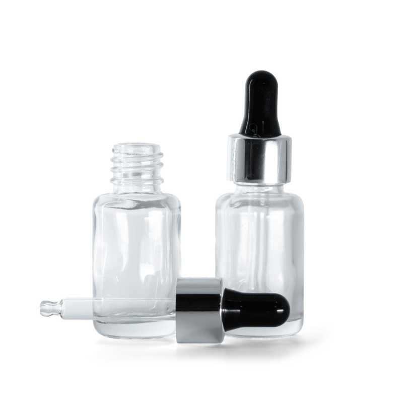 Bottiglia in vetro, rotonda, trasparente, contagocce nero argento, 12 ml