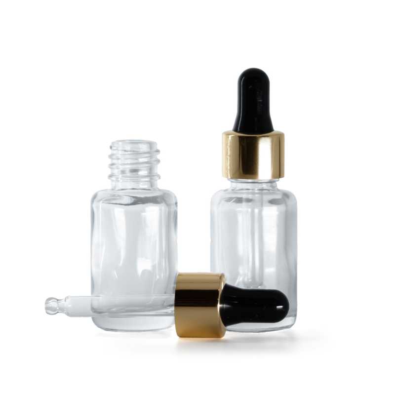 Flacone in vetro, rotondo, trasparente, contagocce nero oro, 12 ml