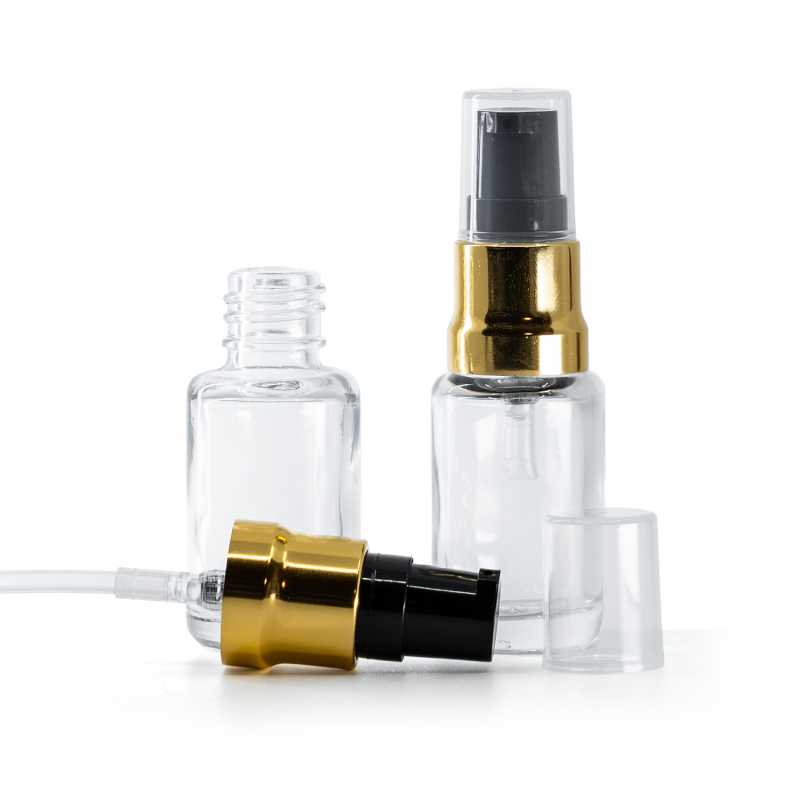Flacone in vetro, trasparente, dosatore nero oro lucido con tappo trasparente, 12 ml
