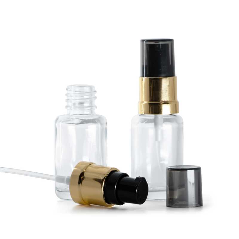 Flaconcino di vetro trasparente, rotondo, pompa nera e dorata lucida con sopra-tappo fumé, 12 ml