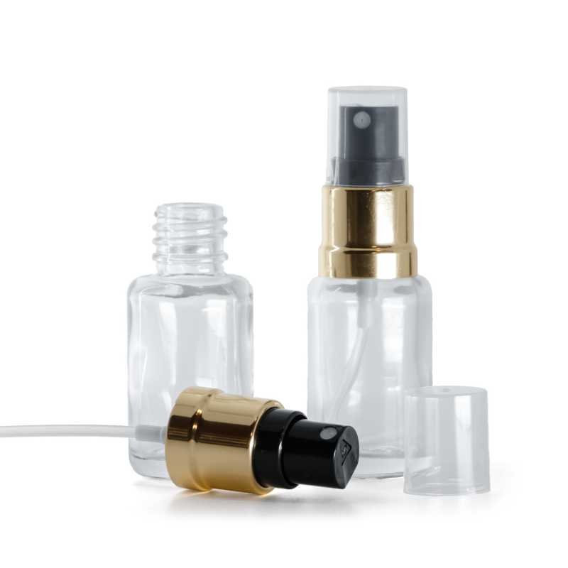 Bottiglia in vetro, rotonda, trasparente, spruzzatore nero oro lucido, 12 ml