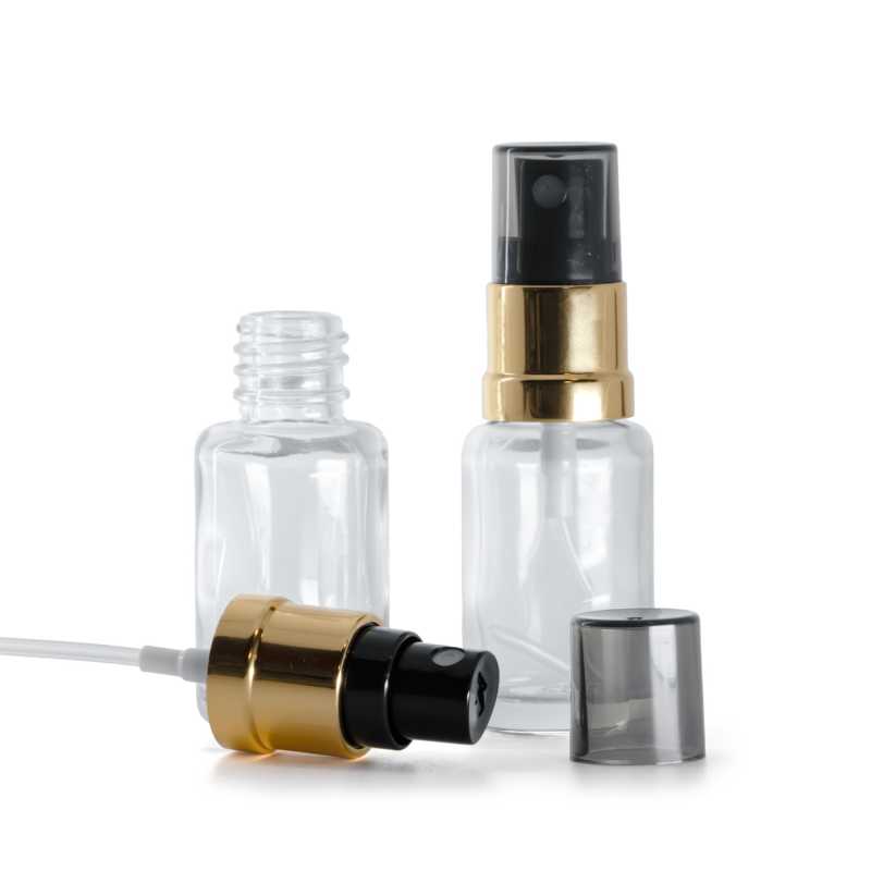 Flaconcino di vetro trasparente, spruzzatore nero e dorato, sopra-tappo fumé, 12 ml
