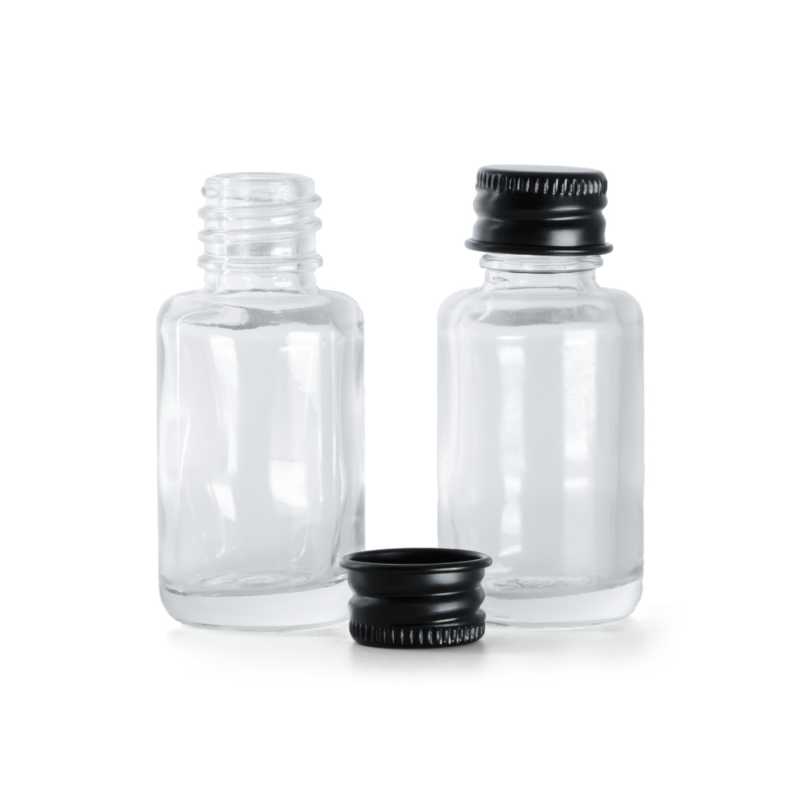 Flacone in vetro, trasparente, rotondo, tappo in alluminio nero, 12 ml