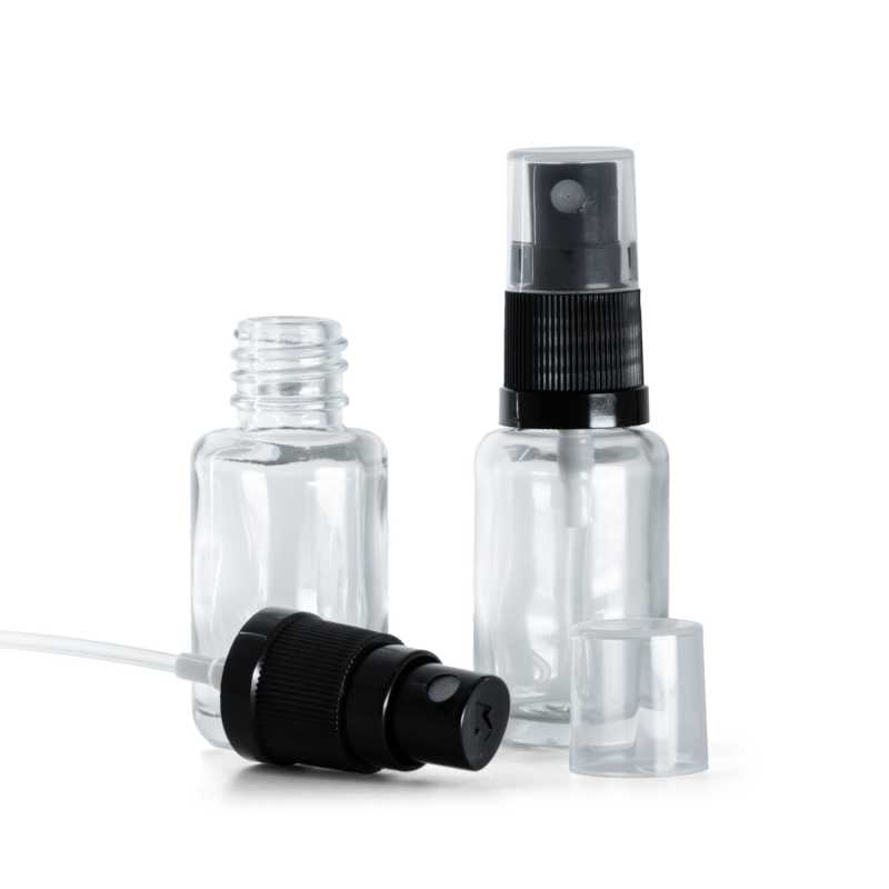 Bottiglia in vetro, rotonda, trasparente, spruzzatore nero, 12 ml