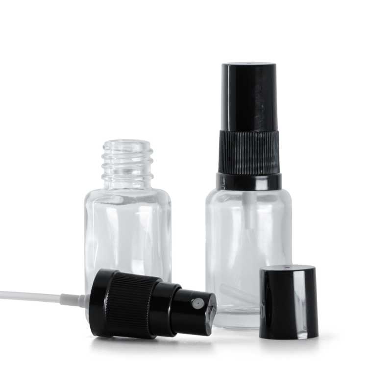 Bottiglia in vetro, trasparente, tonda, spruzzatore a nebbiolina fine nero, tappo nero, 12 ml