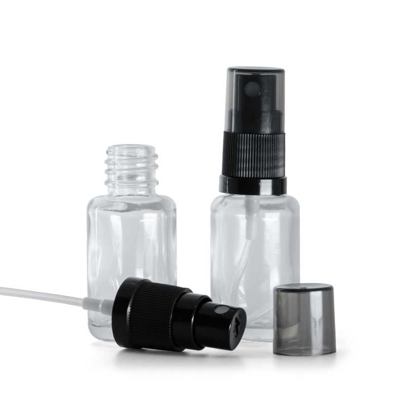 Flaconcino di vetro trasparente tondo, spruzzatore nero a nebulizzazione fine, sopra-tappo fumé, 12 ml