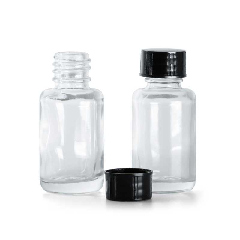Bottiglia in vetro, trasparente, rotonda, tappo nero, 12 ml