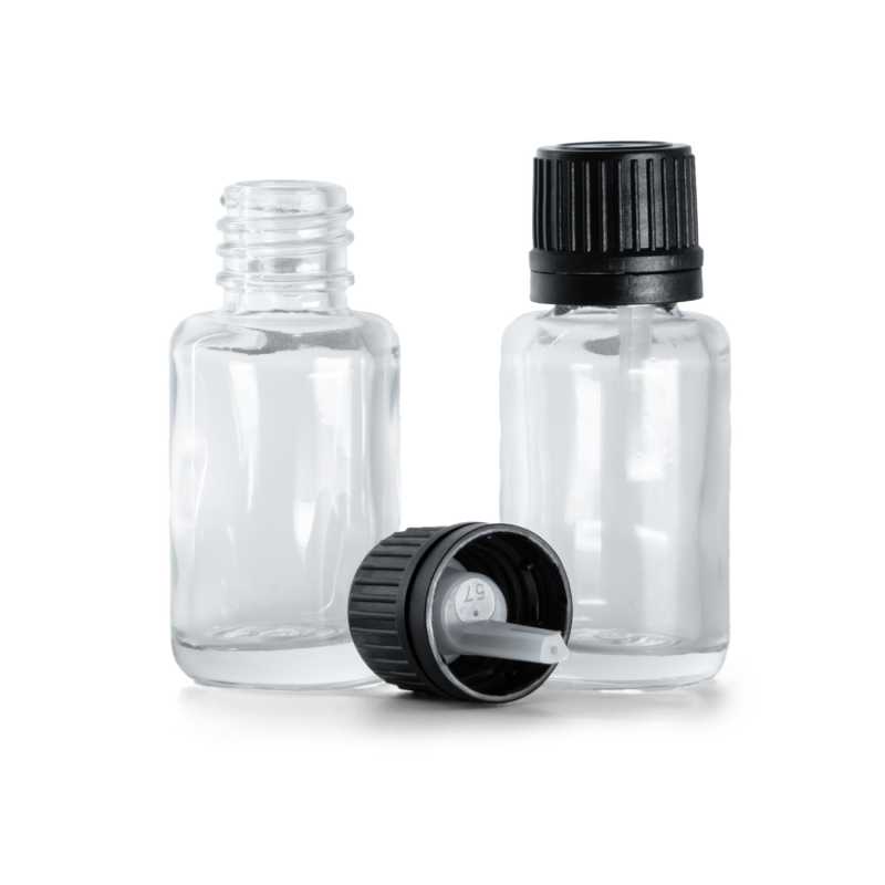 Flaconcino di vetro trasparente, tappo nero con contagocce interno, 12 ml