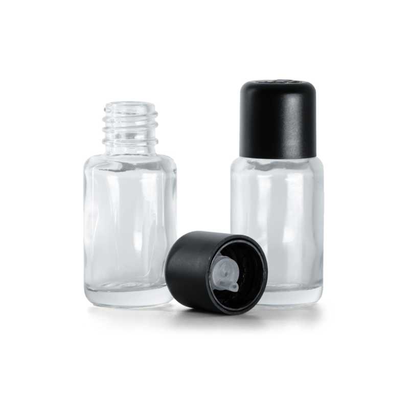 Flacone in vetro, rotondo, trasparente, tappo di sicurezza con contagocce nero, 12 ml