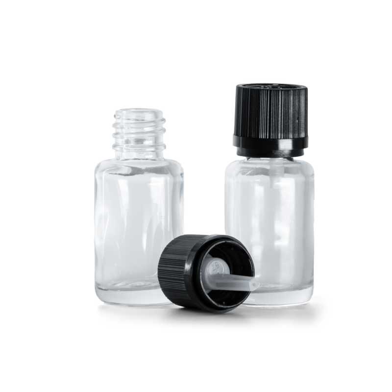 Flacone in vetro, rotondo, trasparente, tappo di sicurezza nero con contagocce, 12 ml