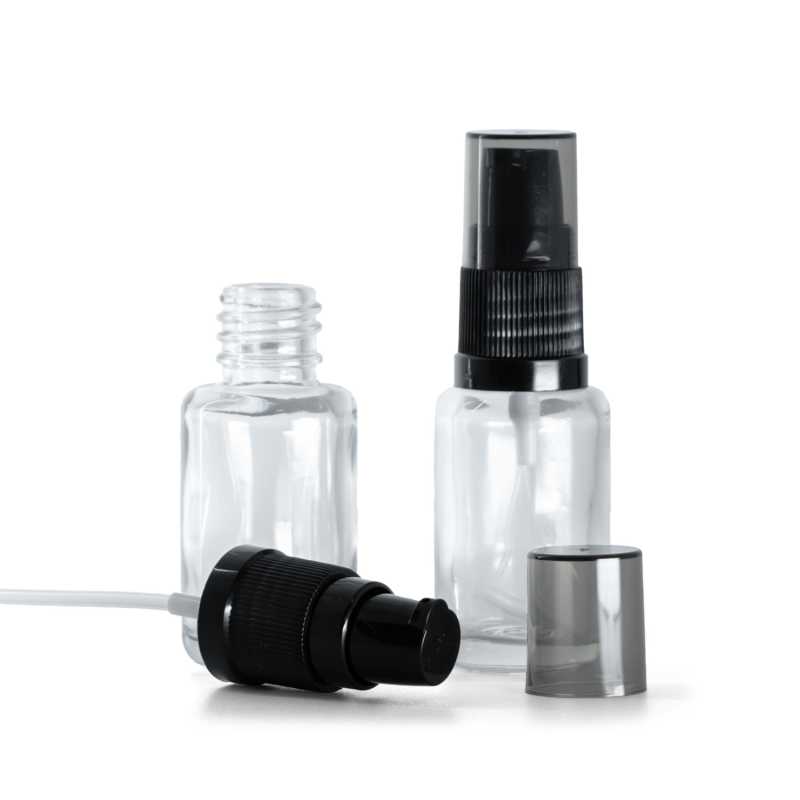 Flacone di vetro trasparente, rotondo, pompa lozione con sopra-tappo fumé, 12 ml