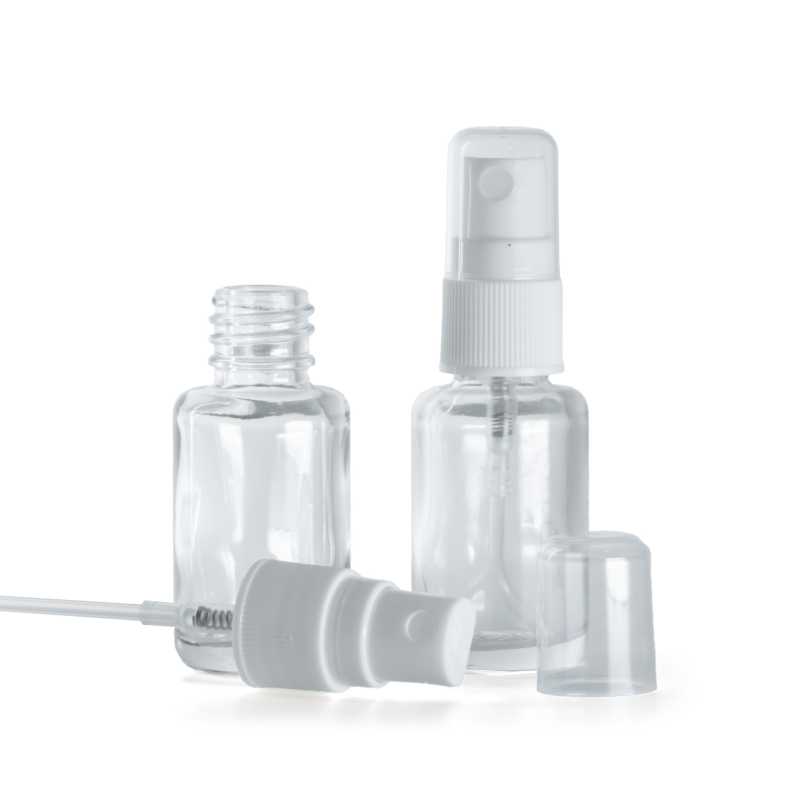 Bottiglia in vetro, rotonda, trasparente, spruzzatore bianco, 12 ml