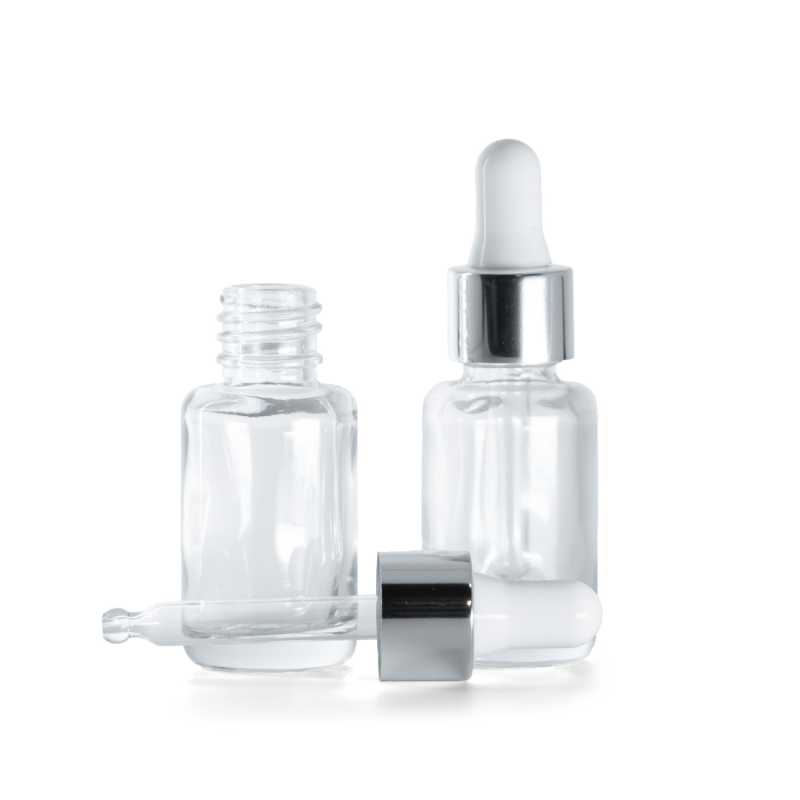 Flacone contagocce in vetro, trasparente, tondo, contagocce argento, 12 ml