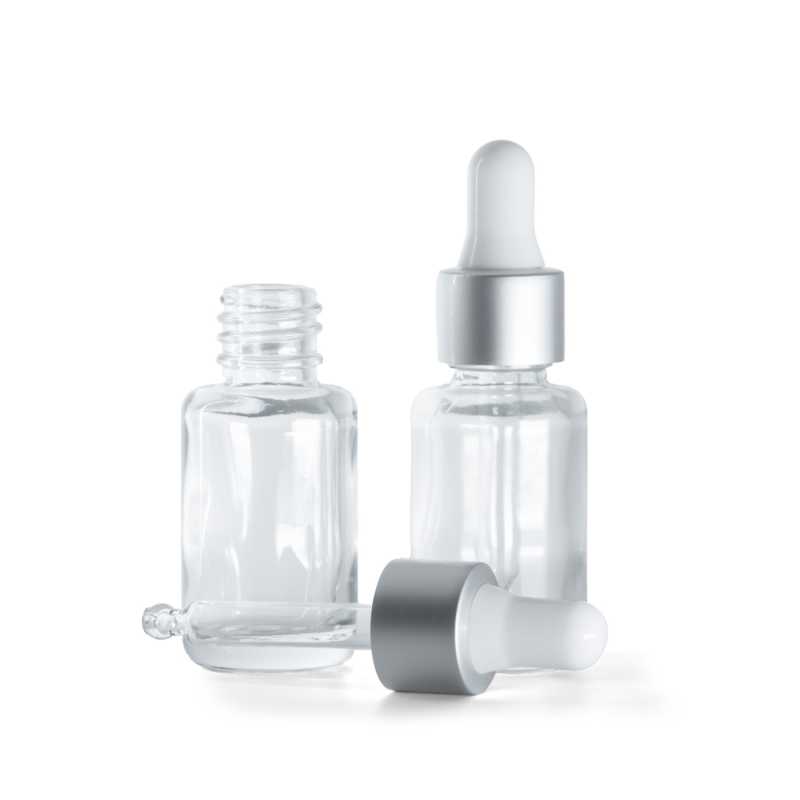 Flacone in vetro, trasparente, rotondo, contagocce argento opaco, 12 ml