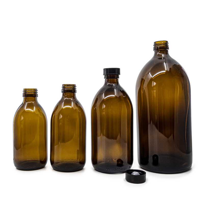 Bottiglia in vetro ambra, tappo nero, 1 l, 28 mm
