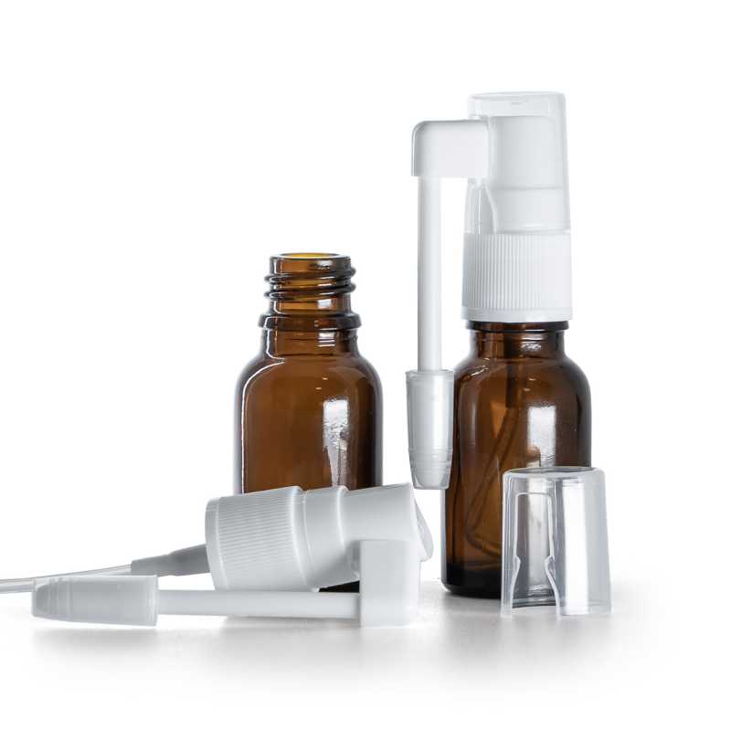 Flacone contagocce in vetro ambra, spruzzatore orale bianco, 15 ml