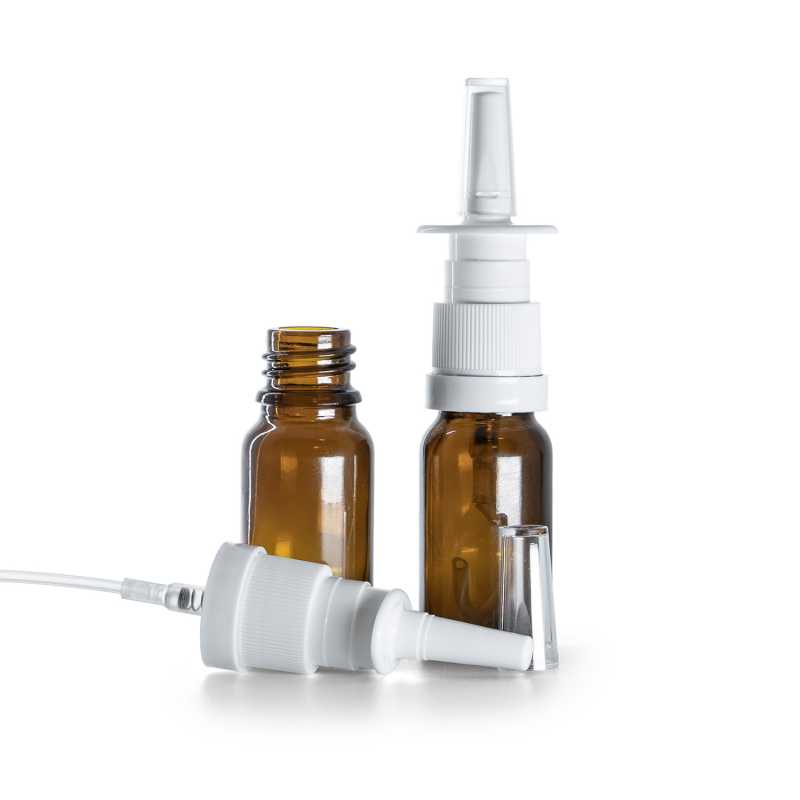 Flacone in vetro ambrato, spruzzatore nasale bianco, 10 ml