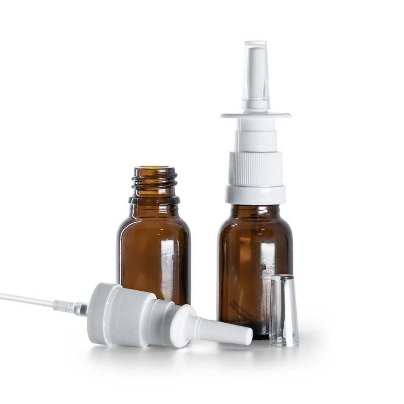Flacone in vetro ambra, spray nasale bianco, 15 ml