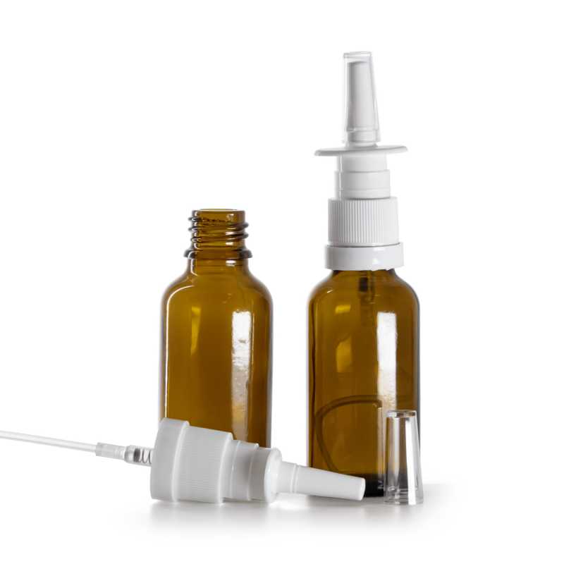 Flacone in vetro ambra, spray nasale bianco, 30 ml