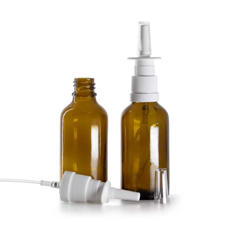 Flacone in vetro ambrato, spray nasale bianco, 50 ml