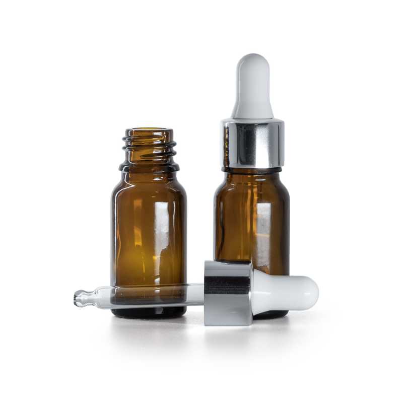 Flacone in vetro, ambrato, contagocce argento lucido, 10 ml