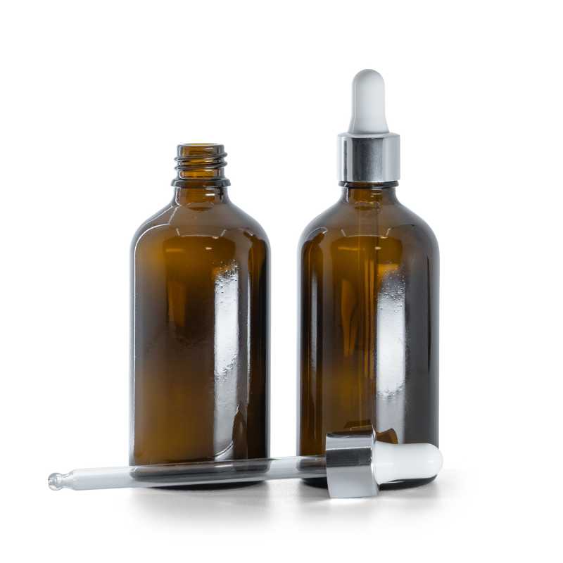 Flacone in vetro ambra, contagocce argento lucido, 100 ml