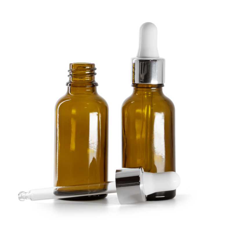 Flacone in vetro, ambra, contagocce argento lucido, 30 ml