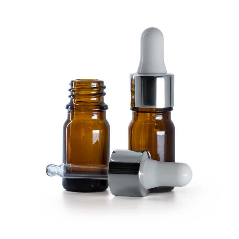 Bottiglia in vetro, ambra, contagocce argento lucido, 5 ml