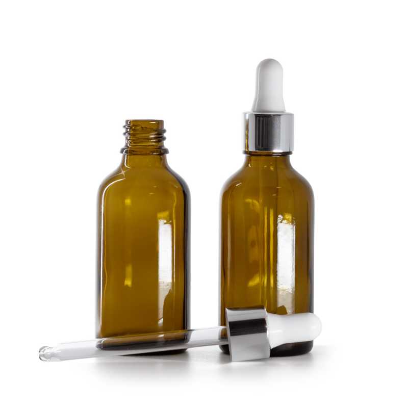 Bottiglia in vetro ambrato, contagocce bianco argento lucido, 50 ml