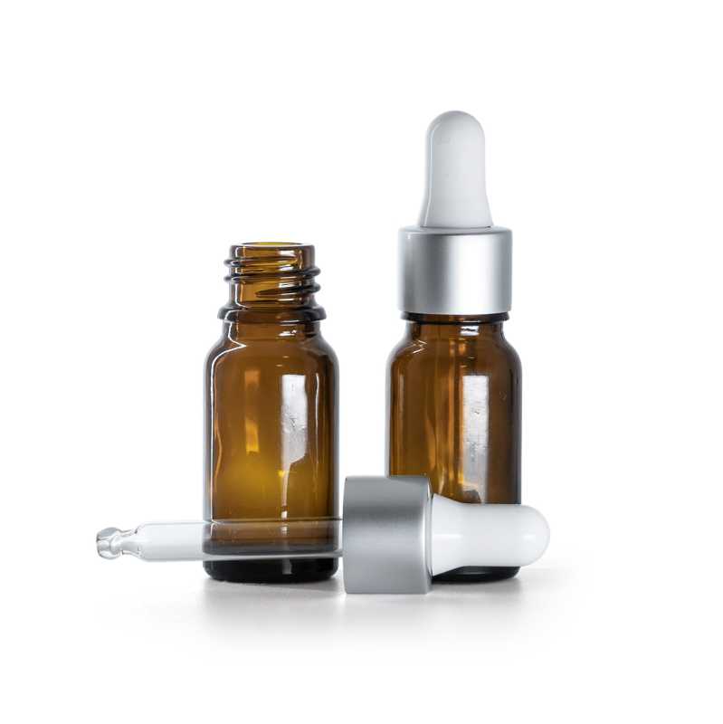 Flacone in vetro ambrato, contagocce bianco argento opaco, 10 ml
