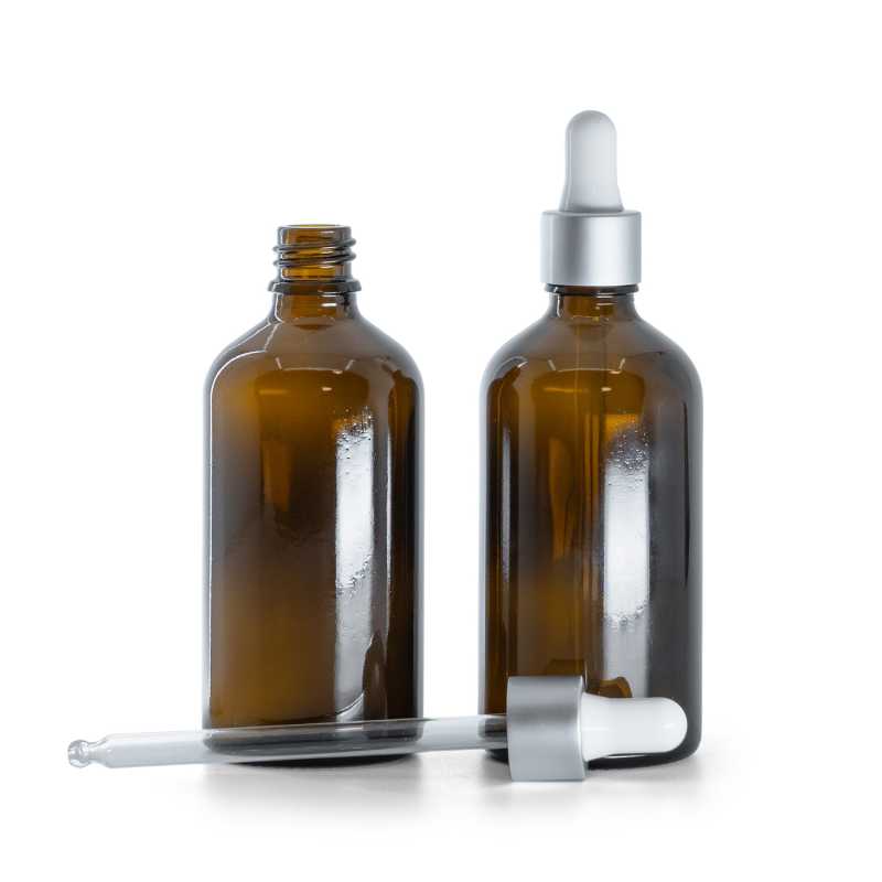 Flacone contagocce in vetro ambrato, contagocce argento opaco, 100 ml