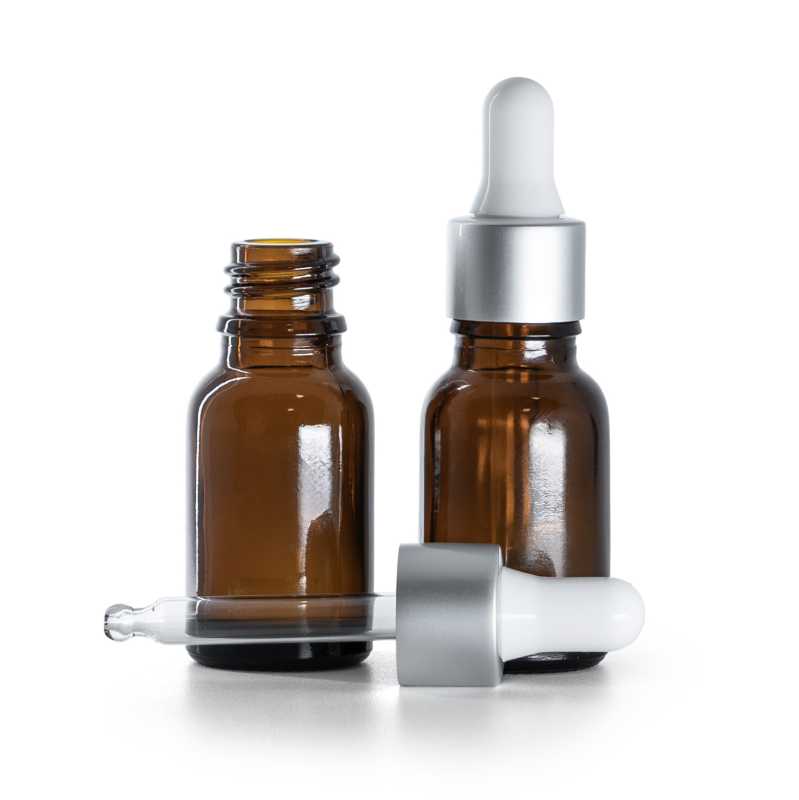 Flacone in vetro ambrato, contagocce bianco argento opaco, 15 ml