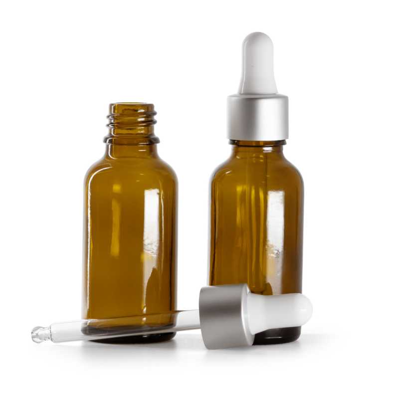 Flacone in vetro ambrato, contagocce bianco argento opaco, 30 ml