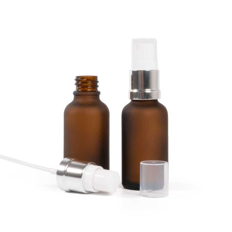 Flacone in vetro, ambra, opaco, spruzzatore, bianco argento, 30 ml