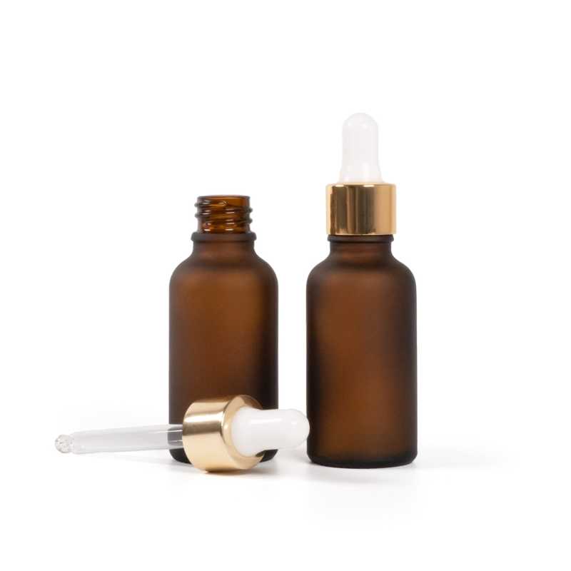 Flacone in vetro ambra opaco, contagocce bianco oro, 30 ml