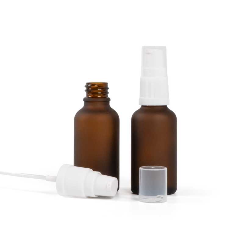 Flacone in vetro ambra opaco, dosatore bianco, 30 ml