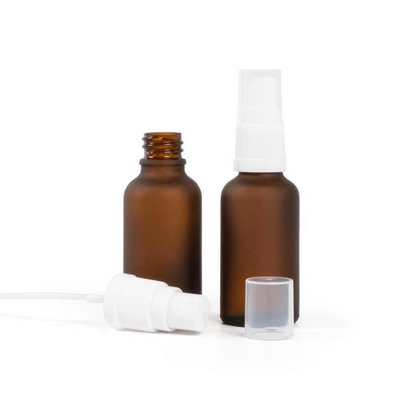 Flacone in vetro, ambra opaco, spruzzatore bianco, 30 ml