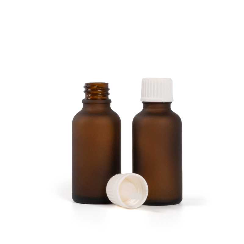 Flacone di vetro ambra opaco, tappo bianco con contagocce, 30 ml