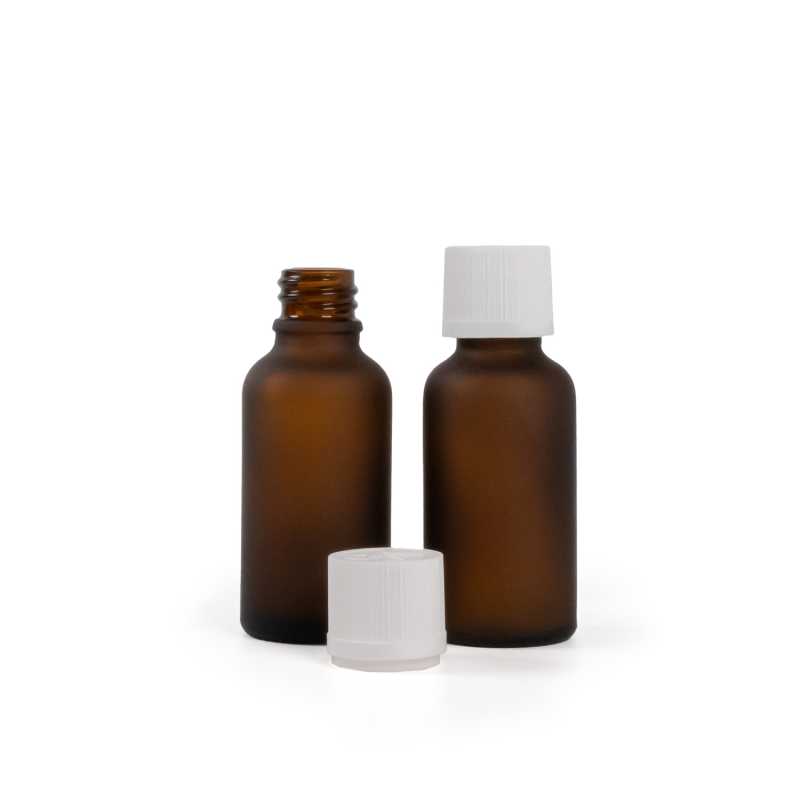 Flacone in vetro ambrato opaco, tappo di sicurezza antimanomissione bianco con contagocce, 30 ml