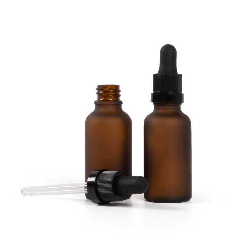 Flacone in vetro, ambra opaca, contagocce nero opaco con anello lucido, 30 ml